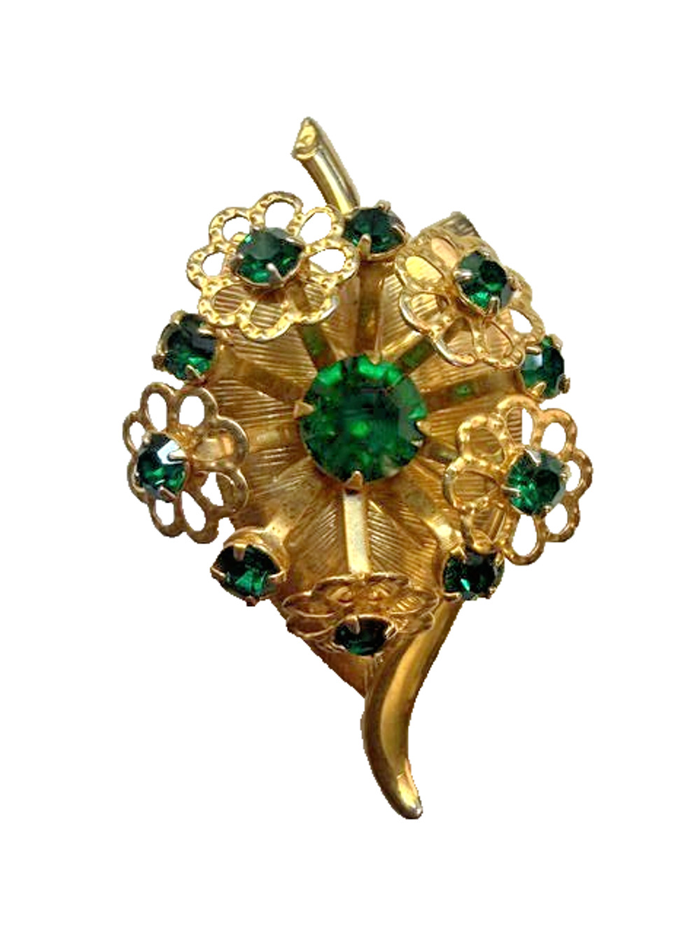 Emerald Green Rhinestone Flower Brooch Gold Tone Floral Bouquet Statement Pin